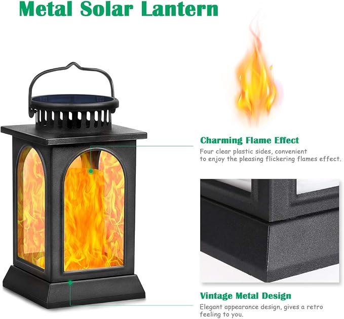 TomCare Flickering Flame Solar Lights Outdoor Metal Hanging Lantern, 2 Pack | Realistic Flame Effect, Charges in 6-8 Hours, 10-12-Hour Runtime, IP65 Waterproof, Auto On/Off for Patio, Garden and Porch