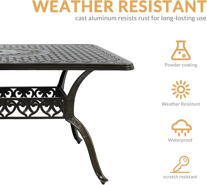 7-Piece Outdoor Patio Dining Set, 60” Rectangular Cast Aluminum Dining Table with Umbrella Hole and 4 Stationary, 2 Swivel Rocker Chairs, 6 Cushioned, Backyard, Patio, Garden, Navy