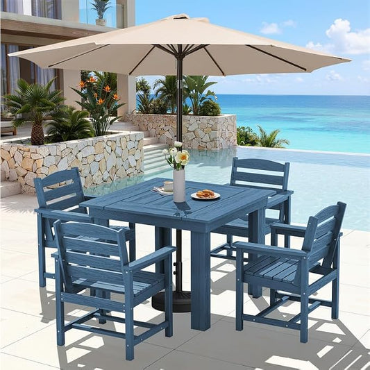 KINGYES HDPE Outdoor Dining Set for 4 with Umbrella, 6-Piece Square Patio Table & Armchairs, All-Weather for Backyard, Garden, Lawn & Poolside, Blue