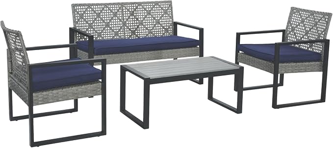 LUMISOL 4 Piece Outdoor Wicker Patio Conversation Furniture Set for Backyard, Wicker Conversation Set Outdoor with Acacia Wood Table Top, Light Gray