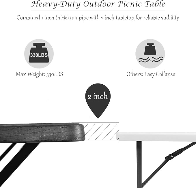 MEDIMALL Picnic Table, Portable Bench Set with Plastic Top & Metal Frame, All-Weather Large Camping Table for Outdoors, Backyard, Garden (Black)