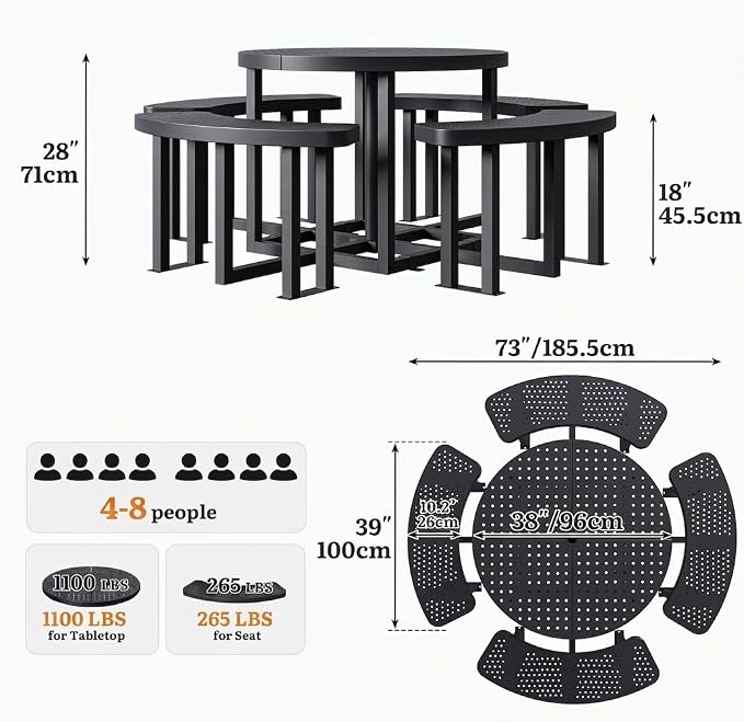 Heavy Duty 38" Round Q235 Steel Picnic Table, Black Metal Outdoor Table with Umbrella Hole, Industrial Patio Picnic Table for 8 People, Backyard & Park