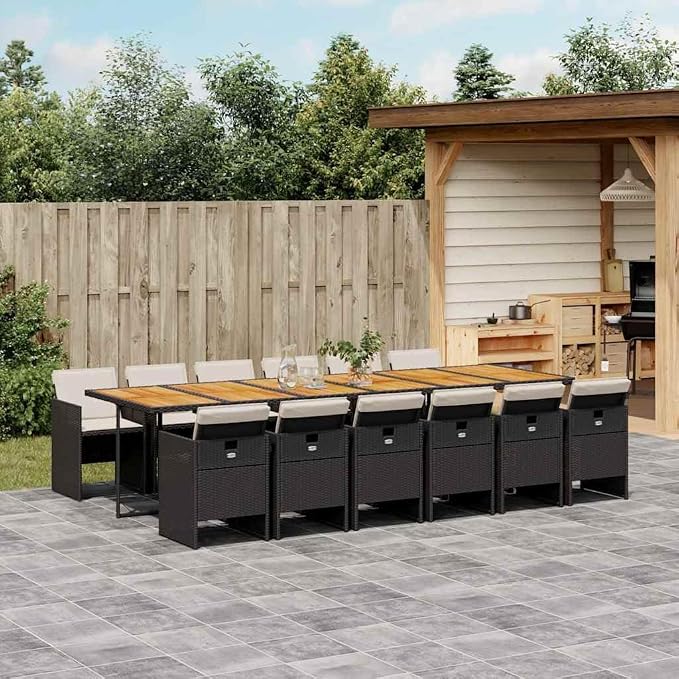 12-Seater Garden Dining Set, Outdoor Table and Chairs with Solid Acacia Wood Top, Black Poly Rattan High Back Chairs with Cream White Cushions for Patio and Backyard