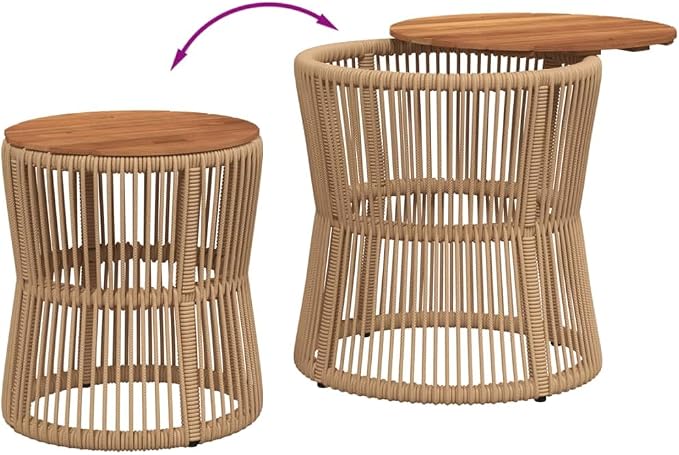 Patio Side Tables 2 Pcs with Wooden Top Beige Poly Rattan, Acacia Wood Outdoor End Tables Set, Powder-Coated Steel Frame for Garden Backyard Patio