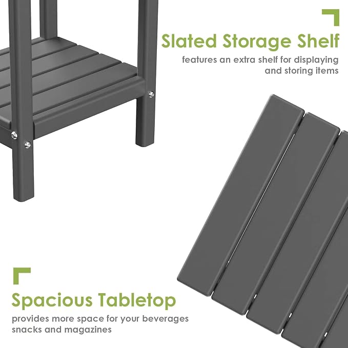 GREENVINES Adirondack-Outdoor-Side-Table | 14 x 13 Inches | HDPE Plastic | All Weather | Grey | Outside End Tables | Storage Shelf | for Patio Porch Backyard Indoor