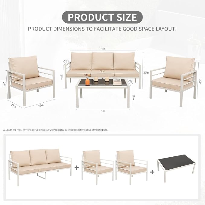 Rattaner 4-Piece Patio Furniture Set White Frame Outdoor Sofa Set High Backrest Seater Glass Coffee Table All-Weather Metal Outdoor Furniture Set with Non-Slip Cushions and Waterproof Covers, Khaki