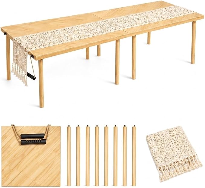 Folding Picnic Table, Pine Wood Festive Gift, 60" x 30", Large Portable Design, for Indoor and Outdoor, Camping, Garden, Party, Beach, Wedding, with Boho Crochet Table Runner