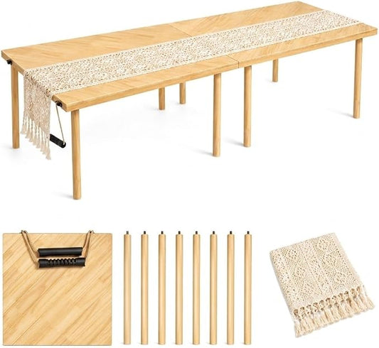 Folding Picnic Table, Pine Wood Festive Gift, 60" x 30", Large Portable Design, for Indoor and Outdoor, Camping, Garden, Party, Beach, Wedding, with Boho Crochet Table Runner