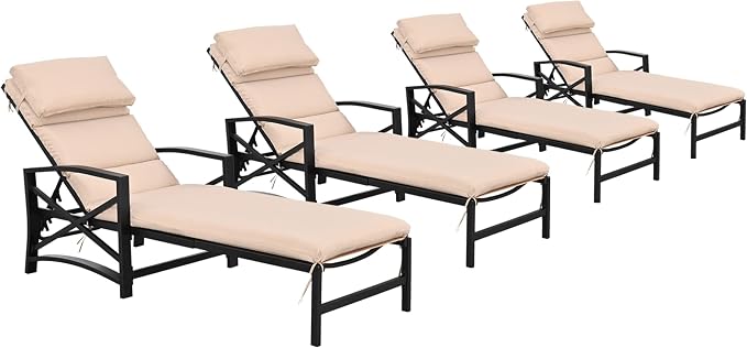LOKATSE Home Patio Chaise Lounge Chairs Set of 4 Outdoor Teslin Furniture Reclining Adjustable with Cushion and Soft Pillow for Pool,Deck,Yard