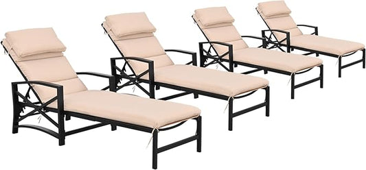 LOKATSE Home Patio Chaise Lounge Chairs Set of 4 Outdoor Teslin Furniture Reclining Adjustable with Cushion and Soft Pillow for Pool,Deck,Yard