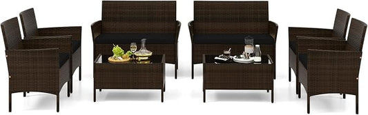 Tangkula 8 Piece Patio Rattan Conversation Set, Outdoor Wicker Furniture Set with Chair, Loveseat & Tempered Glass Table, Cozy Seat Cushions, Outside Sectional Sofa Set for Backyard, Porch (1,Black)
