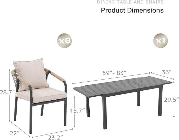 SUNSITT 7 Piece Outdoor Patio Dining Set, 59" - 83" Aluminum Expandable Outdoor Dining Table and 6 Woven Wicker Patio Chairs w/Curved Backrest for Garden, Dark Grey