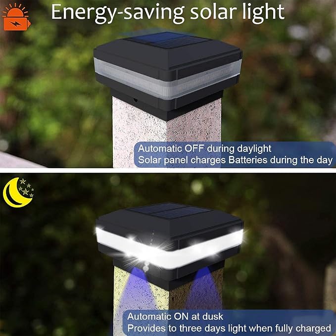 Solar Post Cap Lights Outdoor, 52 LEDs 160LM 6000K Cool White, 1 Pack Black | IP65 Waterproof Fence Post Lights, Compatible with 4x4 5x5 Wooden Posts, Fit for Patio Garden Yard Porch