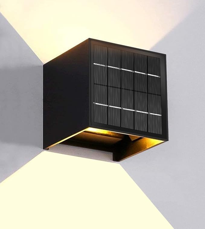 Solar Powered Motion Sensor Square Outdoor Wall Lights, Black Modern Up and Down Wall Lamps, IP65 Waterproof Warm White 3000K Wall Sconce Light Exterior for Fence Garden Outside