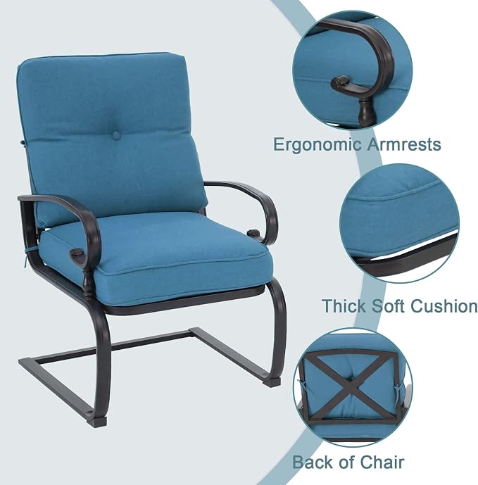 Incbruce 5 Piece Wrought Iron Patio Furniture Set Metal Outdoor Conversation Sets (Loveseat, Coffee Table and Bistro Table, 2 Spring Chair) with Cushion (Peacock Blue)