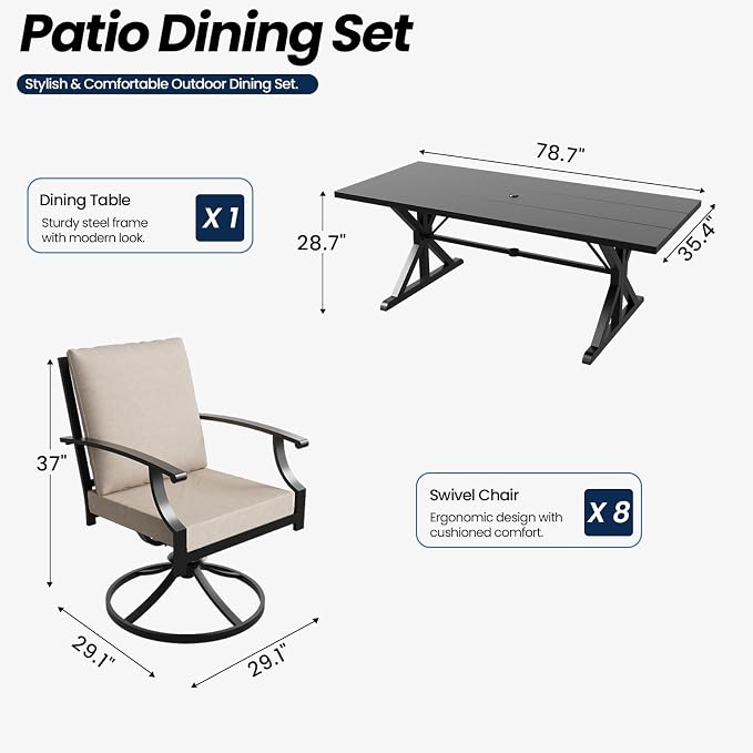 9 Piece Outdoor Dining Set for 8, Metal Patio Table and Chairs with Cushions, Patio Furniture Set with 8 Swivel Chairs, Rectangular Metal Dining Table with Umbrella Hole, Lawn Deck Yard-Sand