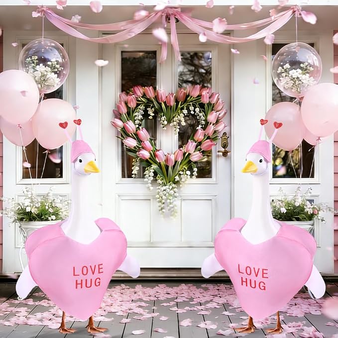 Valentine's Day Goose Outfit for 23" Porch Goose Holiday Pink Red Heart Cloths Costume Valentines Party Outdoor Garden Patio Yard Lawn Art Decoration(Love Hug)