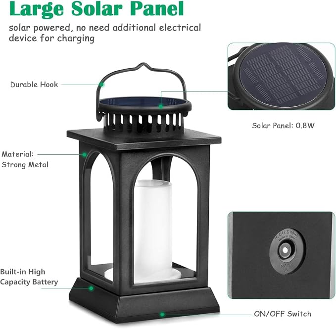 TomCare Flickering Flame Solar Lights Outdoor Metal Hanging Lantern, 2 Pack | Realistic Flame Effect, Charges in 6-8 Hours, 10-12-Hour Runtime, IP65 Waterproof, Auto On/Off for Patio, Garden and Porch