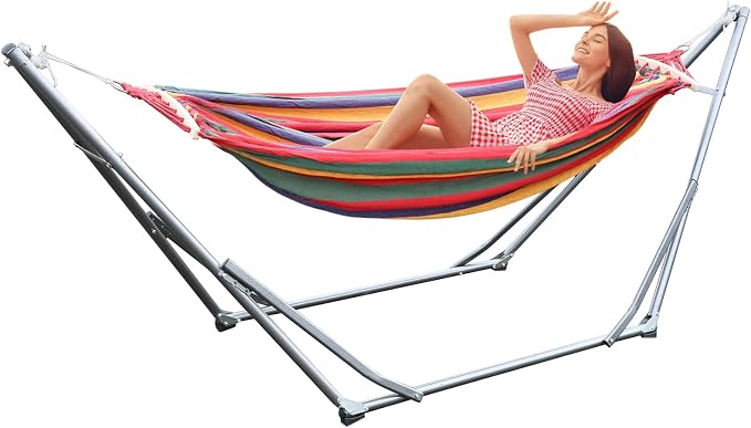 HEVIRGO Hammock with Stand,Indoor Hammock Stand with Strong Load-Bearing,Double Hammock with Space Saving Metal Stand,Portable Hammock with Dual-bar Design for Backyard,Camping,Garden Red