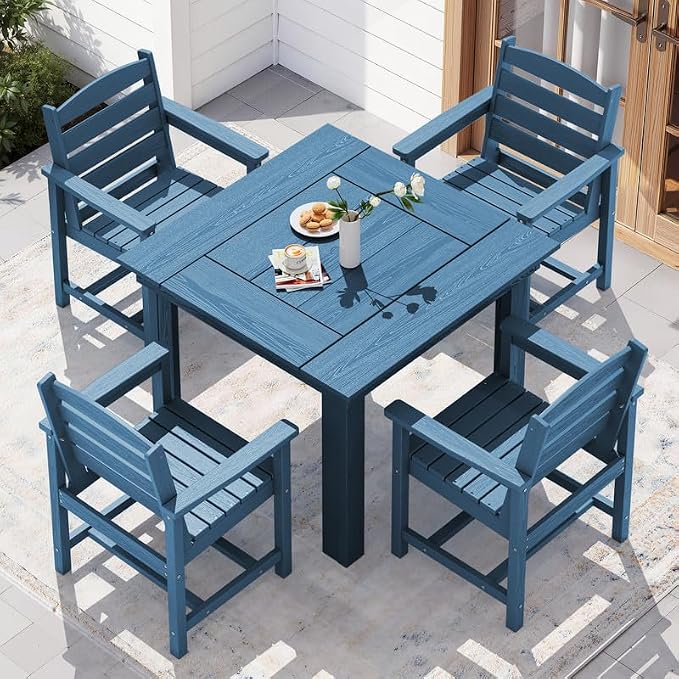 KINGYES 8-Piece HDPE Outdoor Dining Set for 6, Square Patio Table & Armchairs with Umbrella Hole, All-Weather Patio Dining Set for Backyard, Garden, Lawn & Poolside, Blue