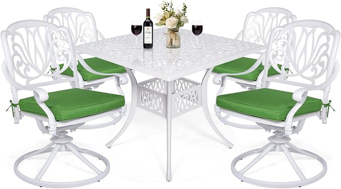 VIVIJASON 5-Piece Outdoor Patio Dining Set, All-Weather Cast Aluminum Conversation Set, Patio Furniture Set for Balcony Lawn Garden, Include 4 Swivel Chairs, 1 Square Table w/Umbrella Hole, White