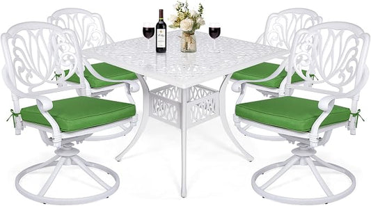 VIVIJASON 5-Piece Outdoor Patio Dining Set, All-Weather Cast Aluminum Conversation Set, Patio Furniture Set for Balcony Lawn Garden, Include 4 Swivel Chairs, 1 Square Table w/Umbrella Hole, White