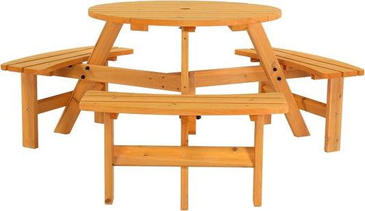 VINGLI 6 Person Wooden Picnic Table, Cedar Wood Patio Table with 3 Built-in Benches, 300LBS Capacity Outdoor Picnic Table Set with Umbrella Hole for Garden, Patio, Backyard, Natural
