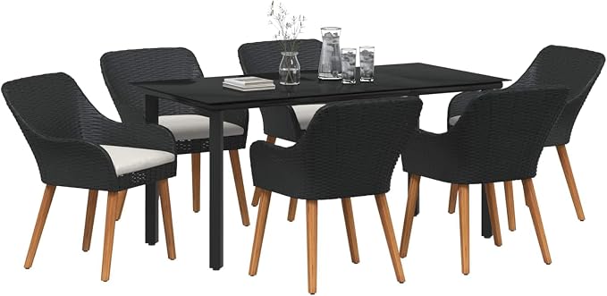 7 Piece Garden Dining Set, Black Poly Rattan Patio Furniture with Tempered Glass Table and Comfortable Cushions for Backyard Terrace