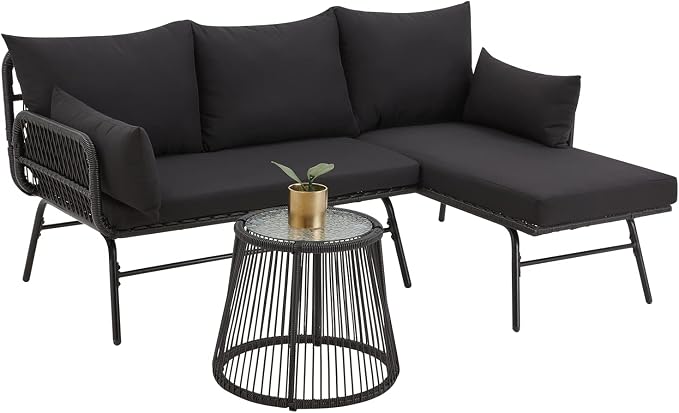 EROMMY 3 Piece Patio Conversation Sets, L-Shaped Sectional Patio Furniture Sofa Set with Thick Cushions and Toughened Glass Coffee Table for Backyard Balcony Garden Porch, Black