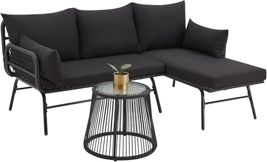 EROMMY 3 Piece Patio Conversation Sets, L-Shaped Sectional Patio Furniture Sofa Set with Thick Cushions and Toughened Glass Coffee Table for Backyard Balcony Garden Porch, Black