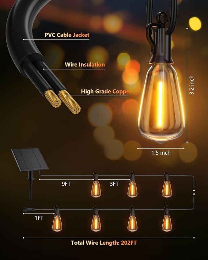Brightown 202FT Solar String Lights Outdoor, 65+2 Shatterproof LED Lights | Waterproof, Remote Control, Dimmable, Timer, 3 Light Modes, Commercial Grade Patio Lights for Garden, Backyard, Party Decor