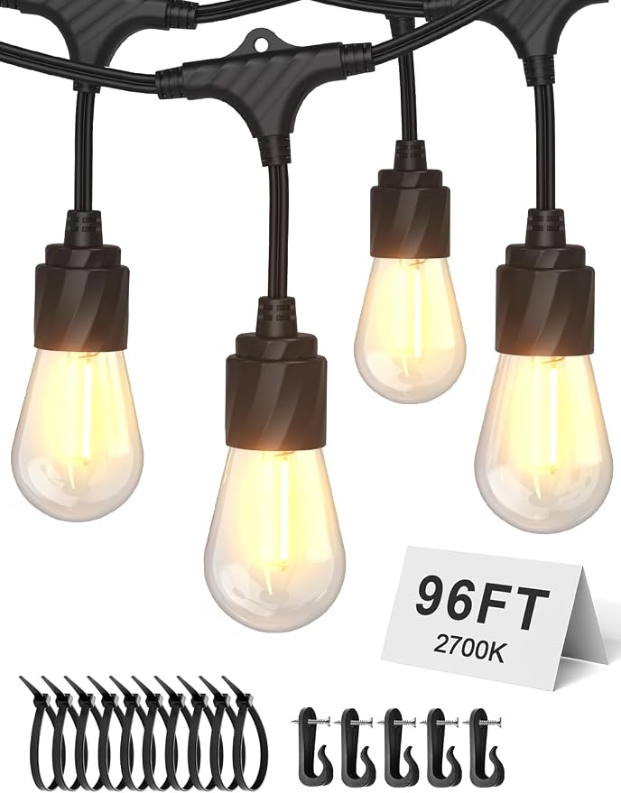 XMCOSY+ Outdoor String Lights, 96FT Patio Lights with 32 LED Bulbs | Shatter-resistant build, waterproof hanging lights for porch, backyard, garden, party and balcony decor