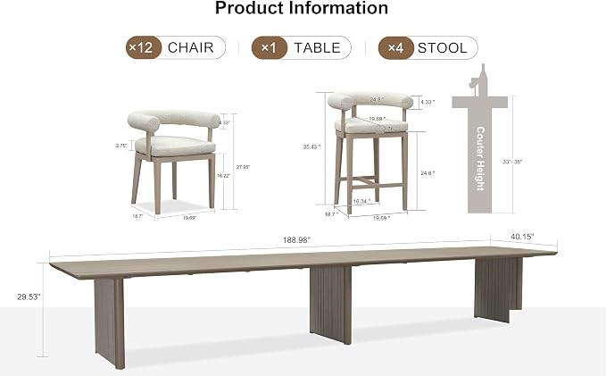 PURPLE LEAF 13 Pieces Patio Dining Set with Counter Stools, Seamless Table | Wraparound Backrests, Sumptuous Textured Olefin Fabric, Cushioned Armrest, Aluminum, Large Gathering, Earth-Tone Palette