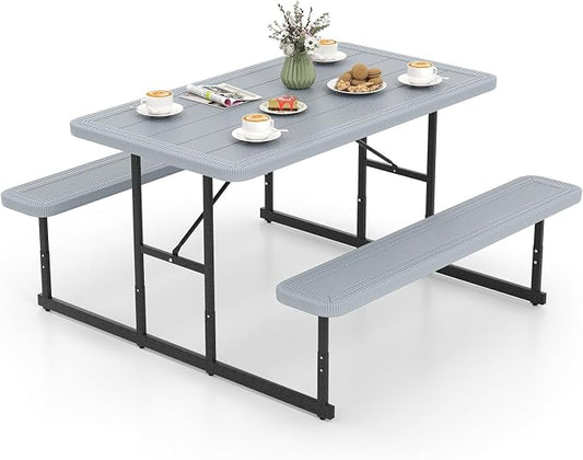 Picnic Table Set for 2-4 People, Umbrella Hole, Heavy-Duty Metal Frame & 2 Benches, HDPE Rectangular Outdoor Dinning Table & Benches for Outside, Patio, Garden, Backyard, Porch (Gray)