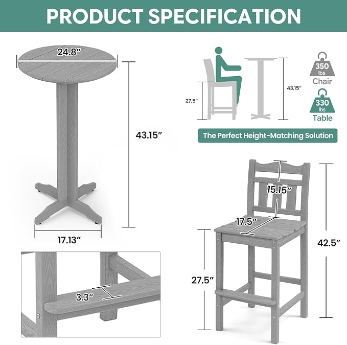 5-Piece Outdoor Bar Set, HDPE Adirondack Bar Height Chairs Set of 4 and Round Pub Table, All Weather Outdoor Patio Bar Furniture for Bistro, Deck, Balcony, Poolside (Slate Grey)