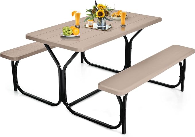 Tangkula Picnic Table Bench Set, Outdoor Picnic Table with 2 Benches, Metal Camping Table with Plastic Wood-Like Texture Tabletop & Steel Frame, Ideal for Picnic, Party, Garden, Lawn (Brown)