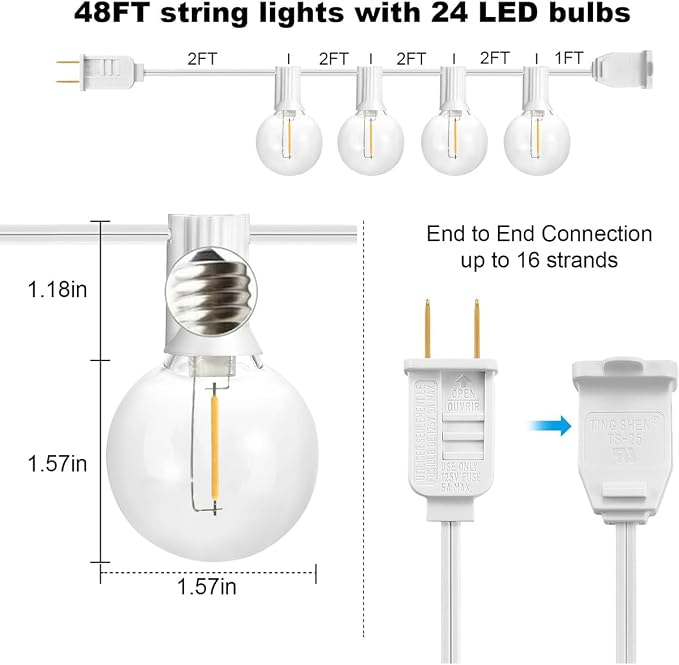 SUNTHIN White Outdoor String Lights, 48FT White Patio Lights with 25 G40 Shatterproof LED Bulbs(1 Spare), Waterproof Hanging Outside Lights for Porch, Deck, Garden, Pergola, Bistro