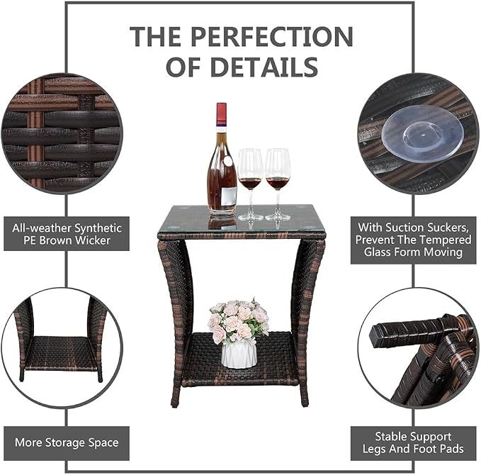 Outdoor Wicker Side Table with Tempered Glass, All-Weather Rattan Side Table with Storage Shelf, Wicker Patio Table for Outdoor Patio, Porch, Garden, Brown