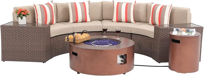 SUNSITT 8 Piece Patio Furniture Set with Propane Fire Pit Halfmoon Outdoor Round Sectional Sofa with 36" Bronze Gas Fire Table & Tank Holder, Brown Rattan