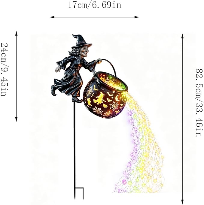 Halloween Witch Cauldron Garden Light, Colorful Waterfall-Style Light Flow Flying Witch Garden Stake, Halloween LED Projector Lights Decorations Outdoor for Yard Lawn Patio