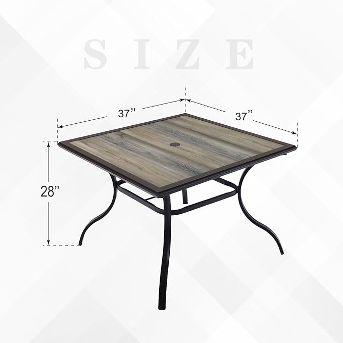 Anmutig Outdoor Dining Table with Square Wooden-Like PVC Table Top and Umbrella Hole for Bistro, Garden, Poolside, Backyard -Laminated Top Black Metal Steel Frame