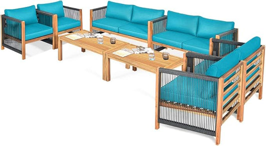 Tangkula Outdoor Wood Furniture Set, Acacia Wood Loveseat Sofa, 4 Single Chairs and 2Coffee Tables, 8 Pieces Conversation Set with Cushions, Garden Balcony Poolside Outdoor Living Set (2, Turquoise)