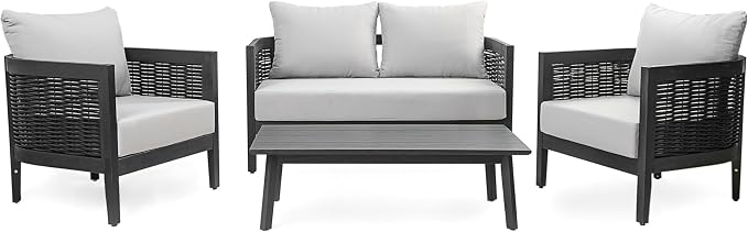 Christopher Knight Home Peron Patio 4-Seater Conversation Set, Sofa/Loveseat, 2 Club Chairs, Coffee Table, Cushion+Back Pillows, Acacia Wood+Wicker, Garden, Backyard, Poolside, Black + Light Grey