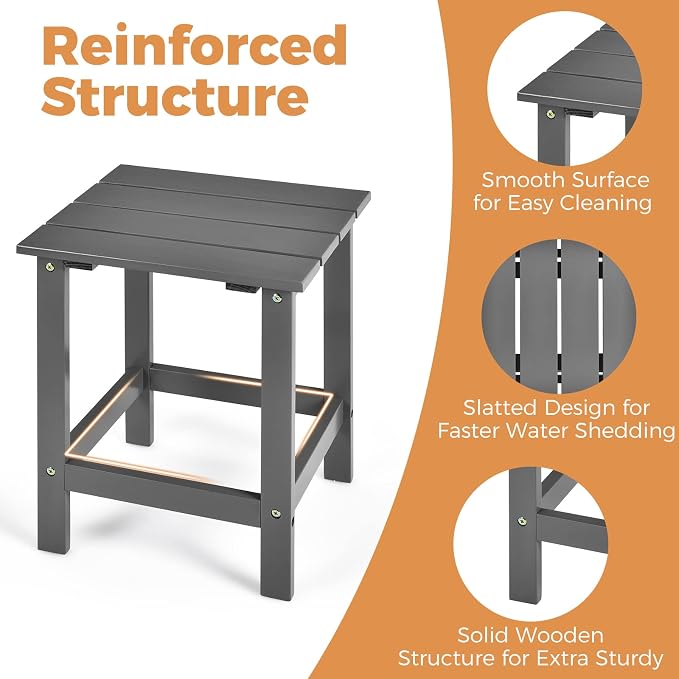 Giantex Outdoor Side Table, 15” Square Wood End Table with Slatted Design, Sturdy Construction, Easy Assembly, Small Patio Coffee Table for Living Room, Balcony, Poolside Bistro Table (1, Gray)