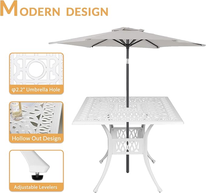 Outdoor Cast Aluminum Patio Table, 35.4” Square Bistro Table with 2.2’’ Umbrella Hole for Patio Furniture Garden Deck Backyard, White