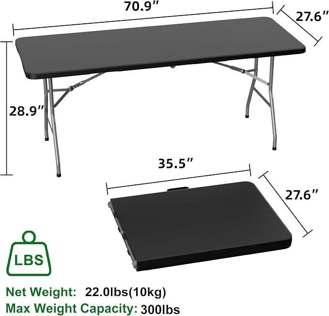 Allpop 6Ft Folding Table for Indoor Outdoor, Fold-in-Half Portable Plastic Dining Table with Carrying Handle for Picnic Party Camping, Black