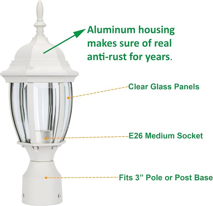Outdoor Post Light, Rustproof Aluminum Pole Lamp, White | Exterior Lamp Post Light Fixture for Garden, Yard, Pathway, Waterproof, Glass, E26 Base, Max 60W, 1 Pack