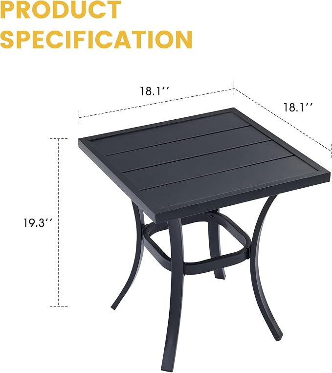 VICLLAX Square Patio Side Table for Lawn Garden, Outdoor Metal Dining Furniture, Black