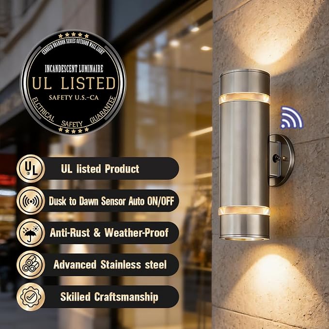 13" Stainless Steel Cylinder Dusk to Dawn Outdoor Wall Sconce | E26 Base,UL listed,Brushed Nickel Up and Down Lights Outdoor Exterior Lighting Fixture for House Garage Patio Porch Garden