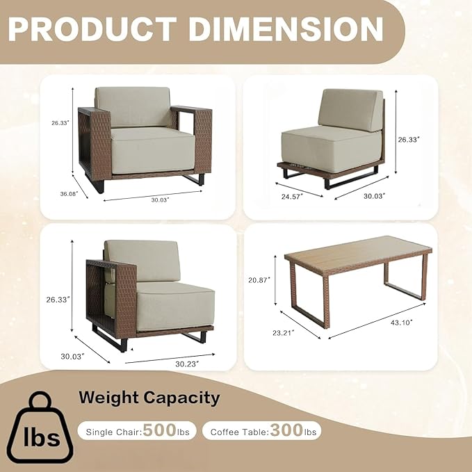 MOCHITO 5 Pieces Outdoor Patio Furniture Sets, All-Weather Sectional Sofa PE Rattan Wicker Conversation Set, Outdoor Patio sectional for Poolside, Porch, Lawn, Garden, Balcony(Beige)